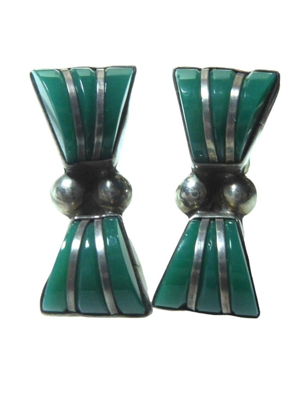 Vintage 1940s Sterling Mexico Green Onyx Modernist Bow Screw-Back Earrings